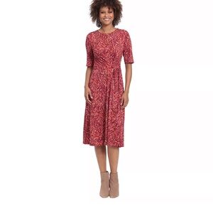 London Times Red Midi Dress with Cuffed Sleeves and Crew Neck